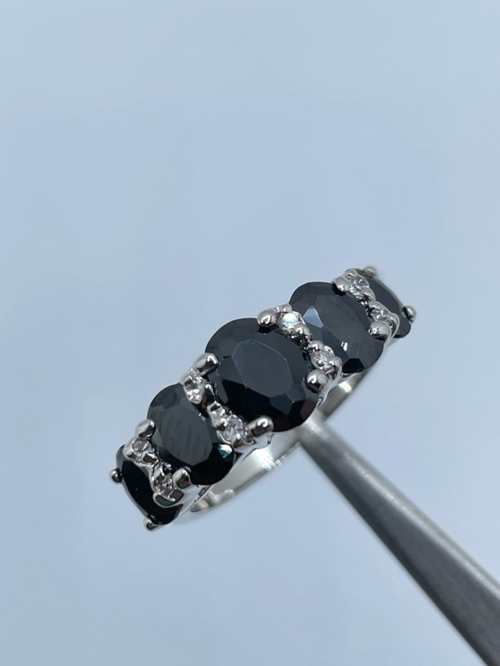 Swarovski Crystal Elements Black Onyx Diamond White Crystal Band Ring Silver 8